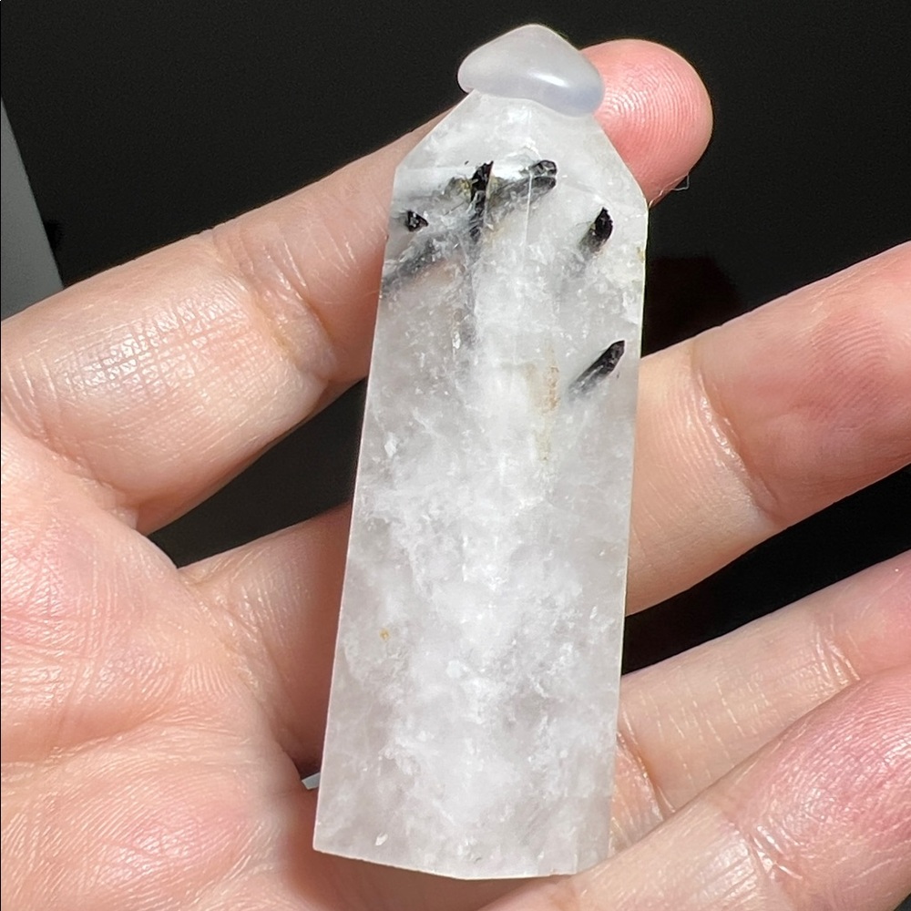 Polished White Quartz Point with Black Inclusions